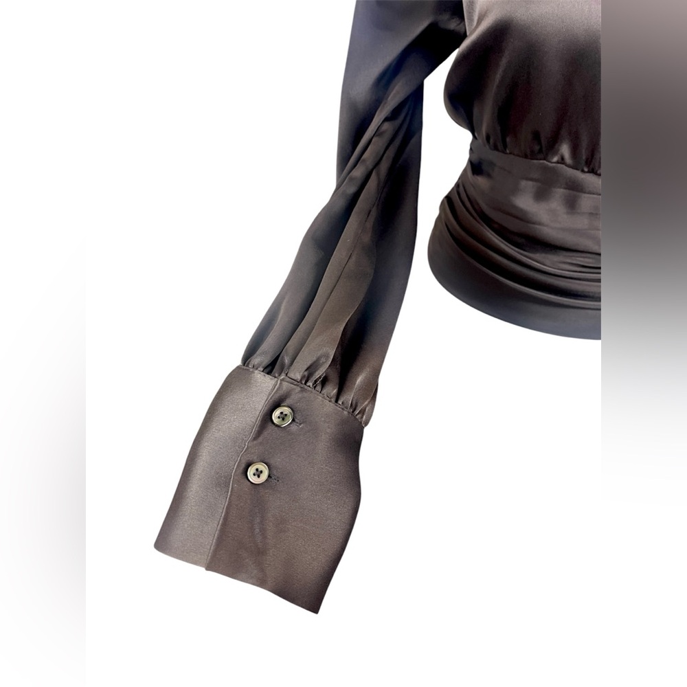 Aritzia Babaton Chocolate Brown Rosalia Ruched Satin Elegant Blouse Mock Neck - Picture 3 of 14